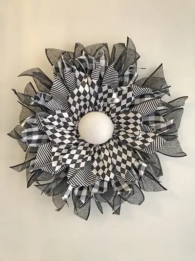 Black and White Flower Ribbon Wreath with White Glittering Circu, View more