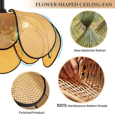 Boho Rattan Fandelier with Light, Flush Mount Ceiling Fan, 6-Spe, View more