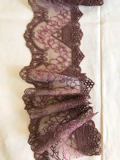 4.06” x 1 yd Embroidered Lace Trim Deep Brown Magenta Floral, View more