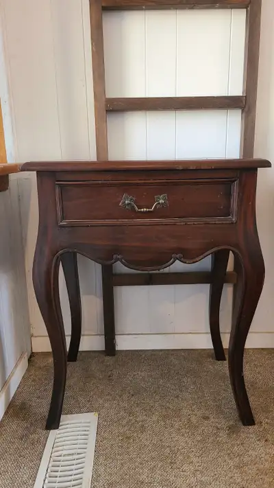 Dark brown wood French Provincial end table, View more