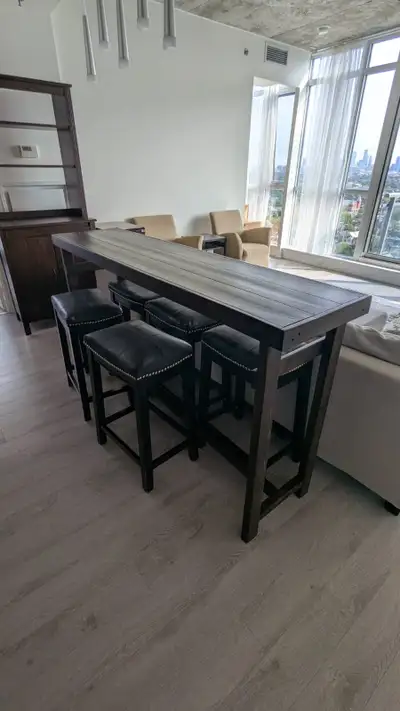 Rustic Wooden Bar Table + 5 Faux-Leather Stools (Nailhead Trim), View more