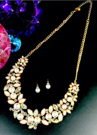 GOLDTONE PINK SPRING PEARLESQUE STATEMENT NECKLACE & EARRINGS