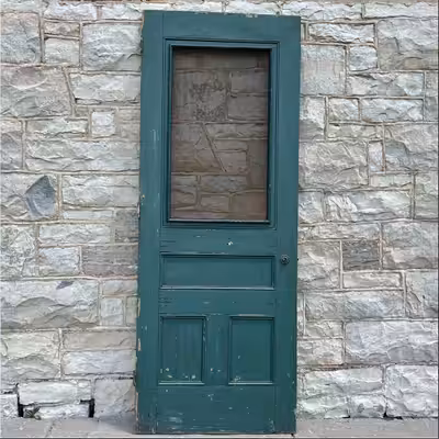 Vintage 3-panel solid wood door in very nice condition, featuring original screen insert with brass...