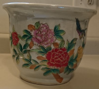 Oriental Hand Painted Ceramic Flower Pot with Birds & Flowers