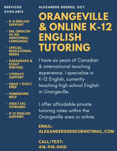 K-12 English tutoring in Orangeville or online, View more