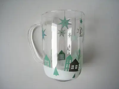 Very pretty Clear Glass Mug with Houses Stars and Snow. 16 oz As is, no lid, no infuser. Very good c...