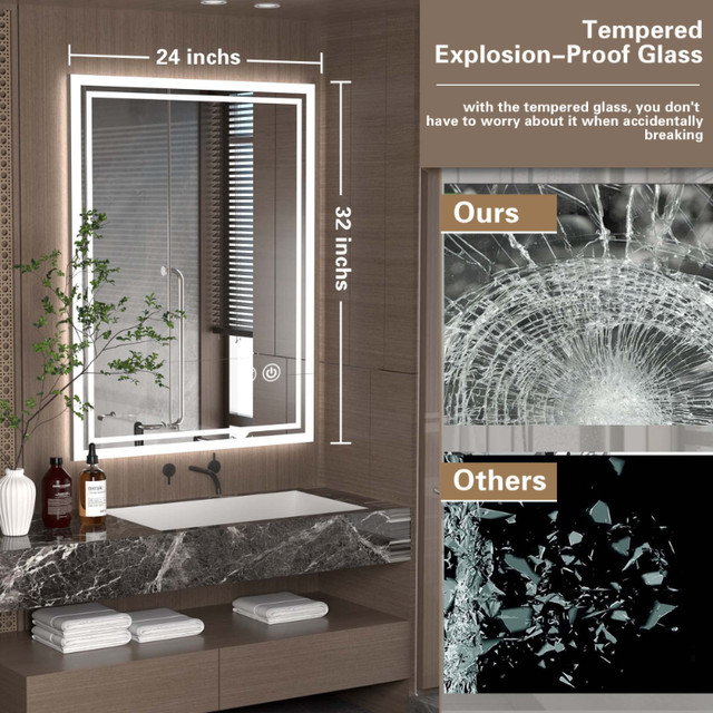 BRAND NEW - PRIMEPLUS 24"x32" LED Backlit Bathroom Heated Mirror in Home Décor & Accents in London - Image 3