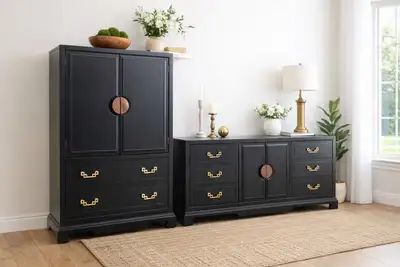 Refinished Solid Wood Black Bedroom / Living Room Dresser Set, View more
