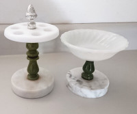 Vintage Marble Pedestal Soap Dish & Matching Toothbrush Holder