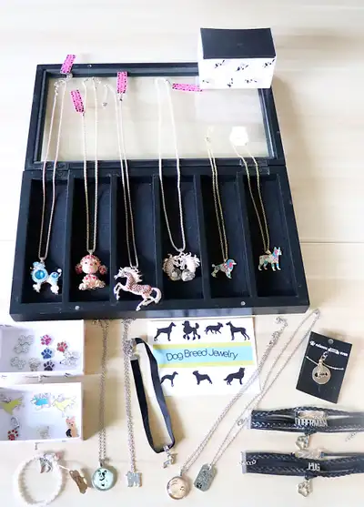 Large lot of NEW dog breed/horse jewelry, dog themed pillow covers, shadow box display, decals. Get...