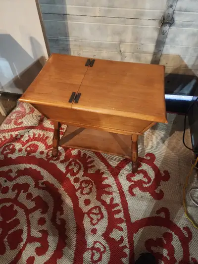 small wood table side table storage 28 x 18 x 24 tall - good condition, corner has a bit of damage C...