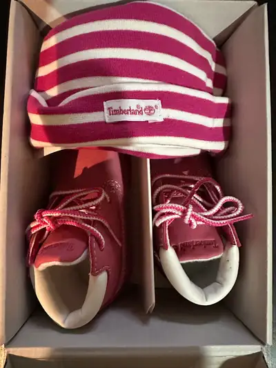 Size 2 Pink and White Timberland Infant Crib Bootie Set, View more