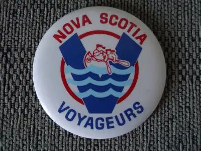 Selling rare pin-backs--have a look! 1. Vintage and large "Nova Scotia Voyageurs" Pin back button--t...
