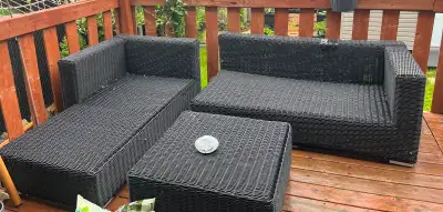 Good condition, minor tear. Black colour, comes with table. Protected during winter.