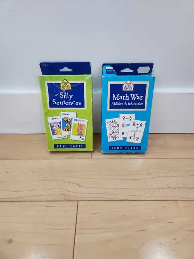 Selling 2 sets of school zone game cards - math war addition/subtraction & silly sentences in good c...