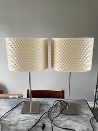 2 lamps (brushed silver base, beige shades)