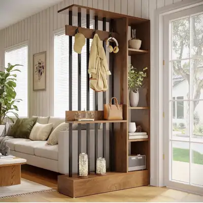 Room Divider with Coat Hooks & Shelves – Walnut – Brand New, View more