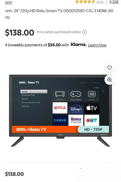 ON SALE! onn. 24" 720p HD Roku Smart TV, View more