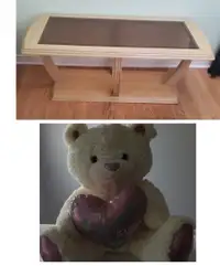 BEIGE COFFEE TABLE WITH TINTED GLASS AND A BONUS FREE TEDDY BEAR