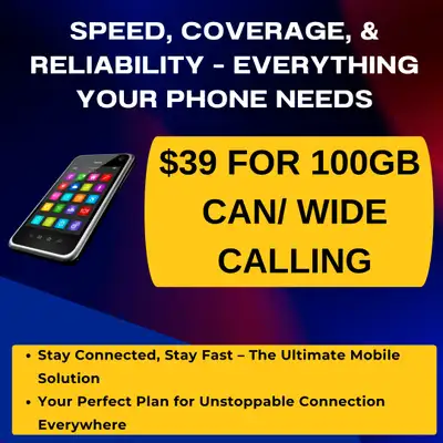 Cell Phone Plan for just $39/month Get 100GB of high-speed data included every month Enjoy Canada-wi...