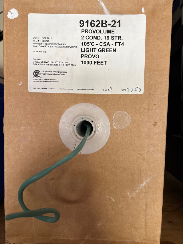 Plenum Rated 1000 ft 16/2 stranded wire in Cables & Connectors in Barrie