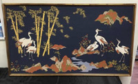 Beautiful Large Asian Silk Screen on fabric, gold wood frame