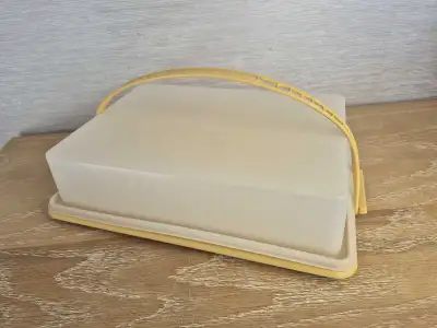 Vintage Tupperware 3 PC harvest gold cupcake/sheet cake carrier, View more