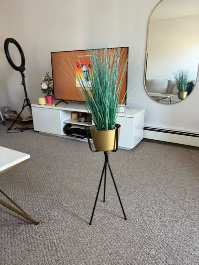 Artificial Potted Grass Plant with Gold Tripod Stand, View more