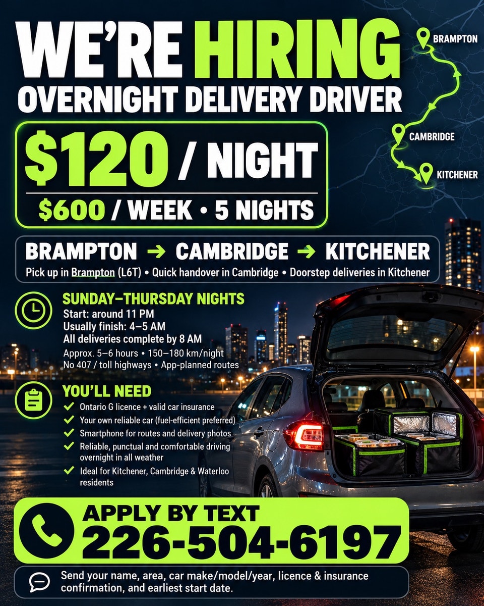 HIRING: OVERNIGHT DELIVERY DRIVER | Drivers & Security | Mississauga ...