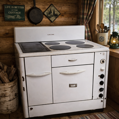 Clean vintage Claire Jewel wood/electric cook stove in solid condition — with plenty of character an...
