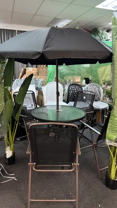 6pc dining patio set, glass table, 4 foldable chairs umbrella , View more