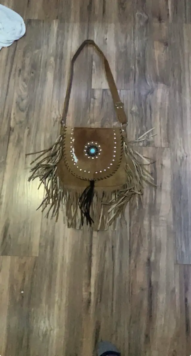 Brown suede fringe shoulder bag