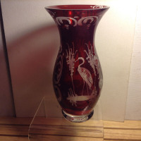Vintage Ruby Red Vase Cut Clear Crystal Bohemian Glass Czech