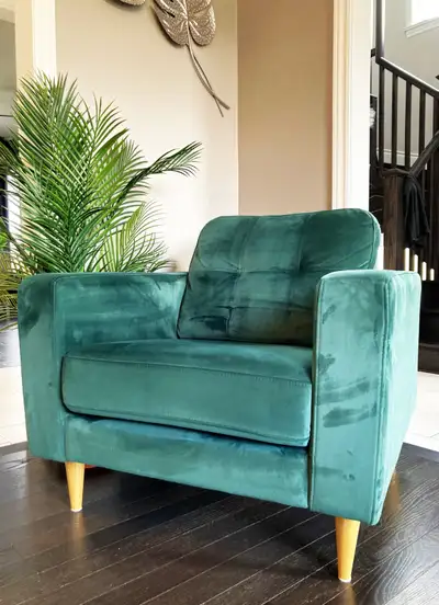 One Of  Kind Luxury Hudson's Bay Suede Green Chair, View more