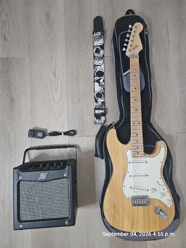 Stratocaster Electric Guitar + Mustang Mini Amplifier