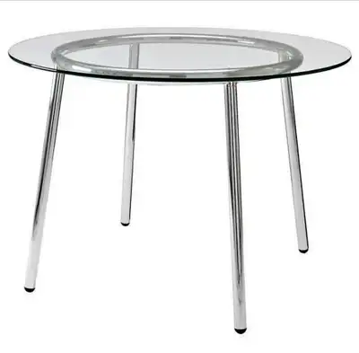 Glass dining table, sturdy chrome base in perfect condition., View more