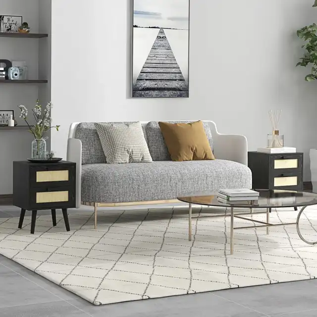Black Boho Nightstand, Bedside Table with 2 Drawers  in Dressers & Wardrobes in Markham / York Region - Image 7