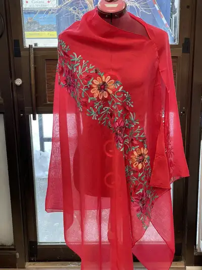 Beautiful Red Embroidery Floral Print Linen Women Winter Scarf., View more