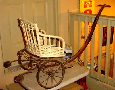 Antique victorian 1890s childs pull stroller made to carry young person.Victorian style wicker and h...