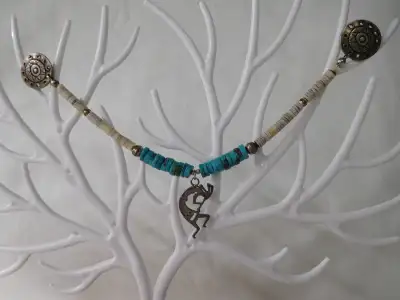 Southwestern Shirt Collar Chain Accessory Sterling Silver Kokopelli Turquoise Heishi Shell Vintage V...