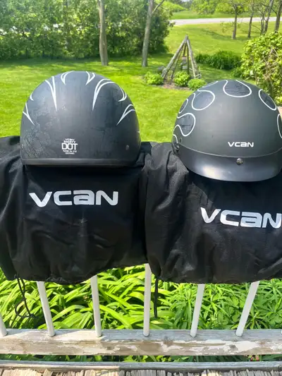 I have two VCAN Shorty Classic Half-Shell motorcycle helmets for sale, offering DOT-approved safety...