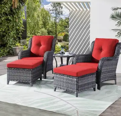 4-Piece Wicker Patio Set – Grey Wicker & Red Cushion, View more