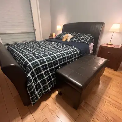 Queen-size bed (mattress not included) and storage bench, View more
