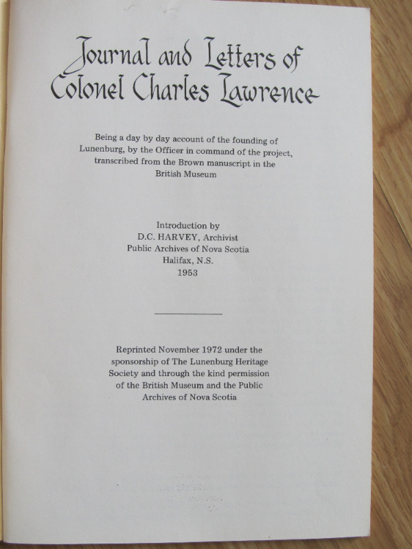 JOURNAL AND LETTERS OF COLONEL CHARLES LAWRENCE – 1972 in Non-fiction in City of Halifax - Image 2