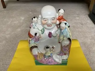 Laughing Buddha with five children - in statute in red, yellow, View more