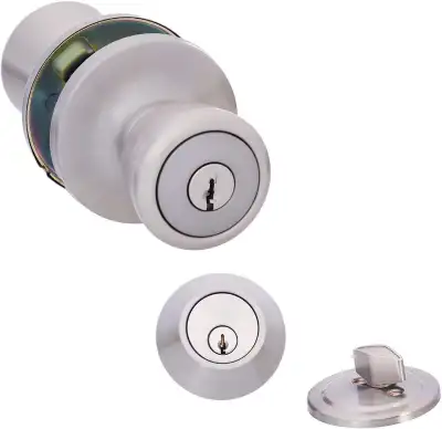 For sale is a Amazon Basics Entry Door Knob With Lock and Deadbolt, Bell, Satin Nickel. Brand new!!...