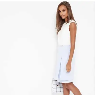 Here is a beautiful Ted Baker dress, size 2 (US 6). It features a white bodice and a unique light bl...