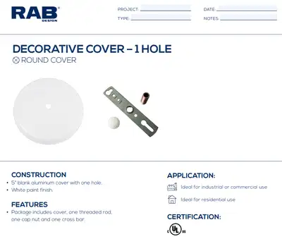 RAB DESIGN 029442 Blank 5" Cover Plates Decorative Round 1 Hole, View more