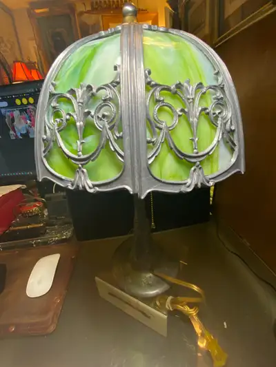 Antique Arts & Crafts Bradley & Hubbard School Slag Glass Lamp C, View more