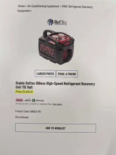 I'm selling a used Reftec Diablo oilless high-speed refrigerant recovery unit, 115 volt. It's a robu...
